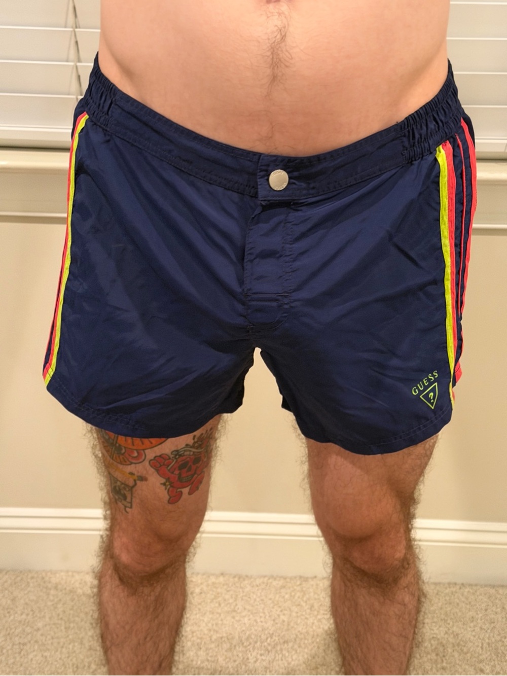 Guess Navy Swim Shorts with Neon Pink and Neon Yellow Side Stripes
